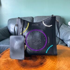 Orciani Carioca Leather Bag Tote - Black Fun Multicolor w/ Separate Wristlet NWT